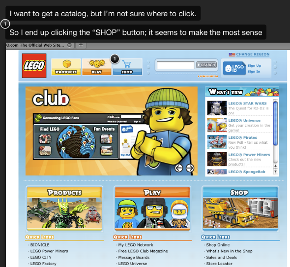 I want to get a catalog, but I'm not sure where to click. So I end up clicking the SHOP button; it seems to make the most sense.
